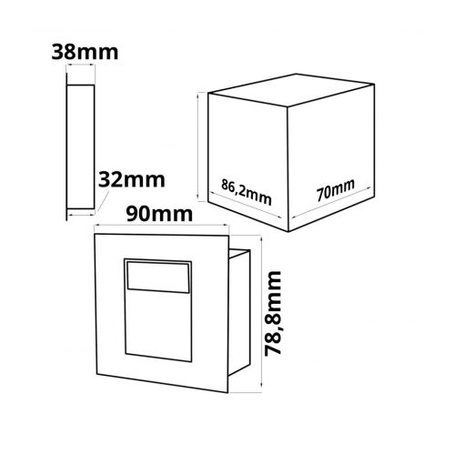 LED süllyesztett, négyszögletes IP44, rozsdamentes acél,1W, meleg fehér, vakolatdobozzal 