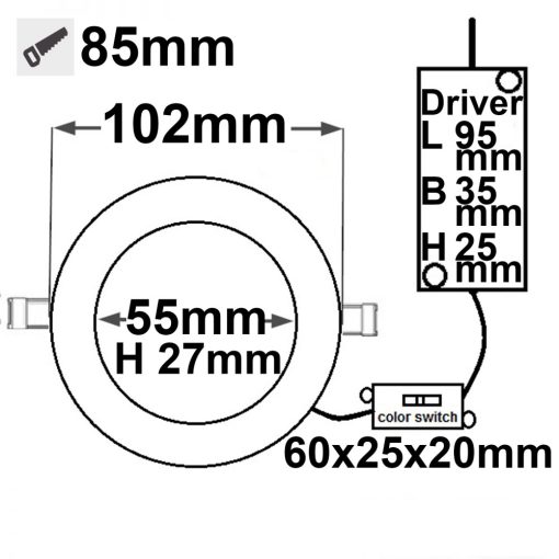 LED mélysugárzó, 8 W, ultra lapos, ColorSwitch 2600|3100|4000K, dimmelheto