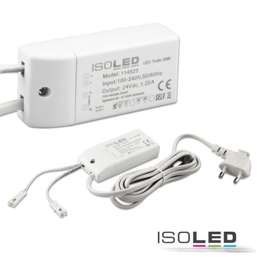 LED-es transzformátor MiniAMP 24V/DC, 0-30W, 200cm kábel lapos csatlakozóval, másodlagos 2 aljzat
