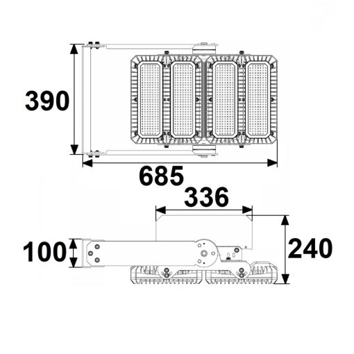 LED reflektor 450W,130x25° aszimmetrikus, billentheto modul,1-10 V-os dimmelheto, seml fehér,IP66