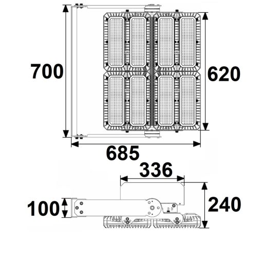 LED reflektor 900W, 130x25° aszimmetrikus, változtatható, 1-10V dimmelheto, semleges fehér, IP66
