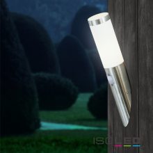 Fali lámpa rozsdamentes acél, IP44, PIR mozgásérzékelo, meleg fehér, E27 LED izzóval 9W