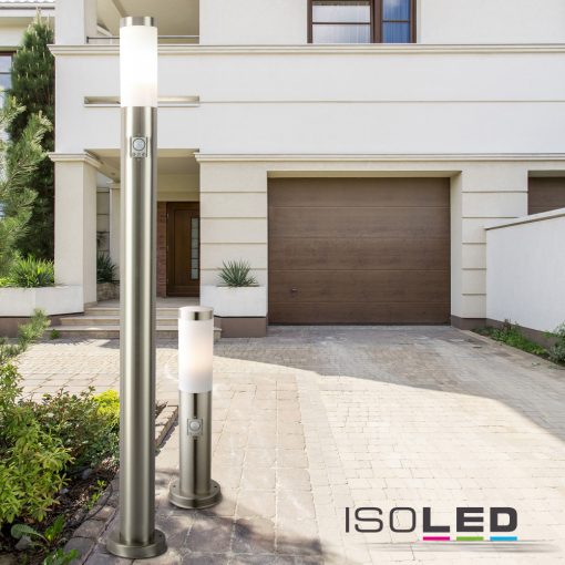 Poller lámpa 1100 rozsdamentes acél, IP44, PIR mozgásérzékelovel, meleg fehér, E27 LED izzóval 9W
