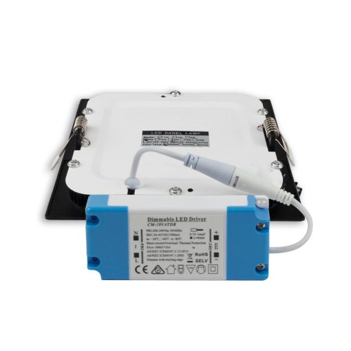 LED mélysugárzó, 9W, szögletes, ultra lapos, vakítás-csökkentett, fekete, meleg fehér, dimmel.