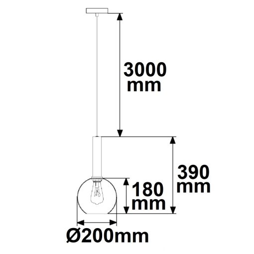 Függesztett lámpa, fekete, kerek üveg, E27, 20cm, 50-300cm, izzó nélkül, baldachin nélkül