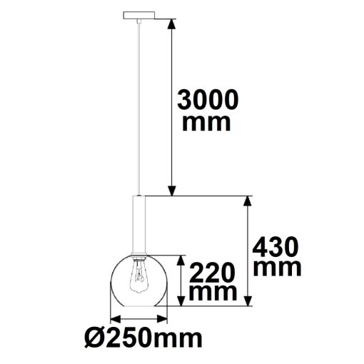 Függesztett lámpa, fekete kerek üveg, E27, 25cm, 50-300cm, izzó nélkül, baldachin nélkül