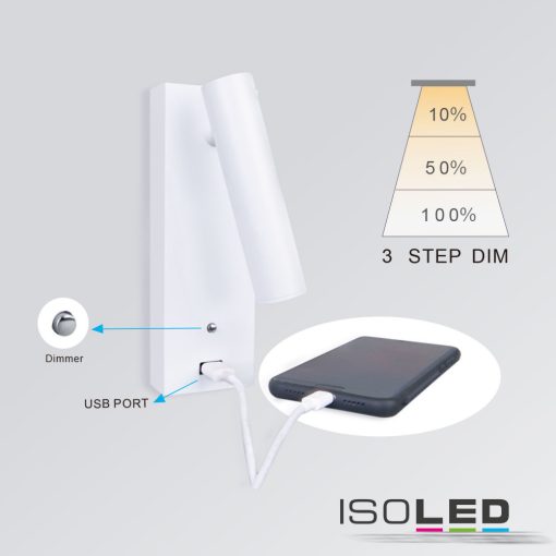 LED olvasólámpa, 3W, fehér, USB A töltoaljzattal, melegfehér, 3 fokozatban dimmelheto