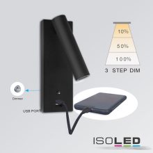 LED olvasólámpa, 3W, fekete, USB A töltoaljzattal, melegfehér, 3 fokozatban dimmelheto