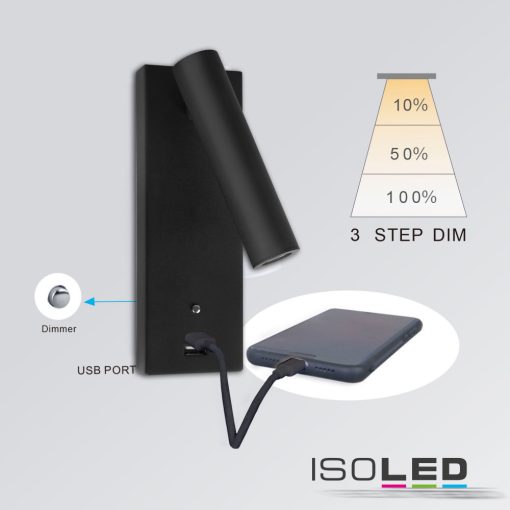 LED olvasólámpa, 3W, fekete, USB A töltoaljzattal, melegfehér, 3 fokozatban dimmelheto