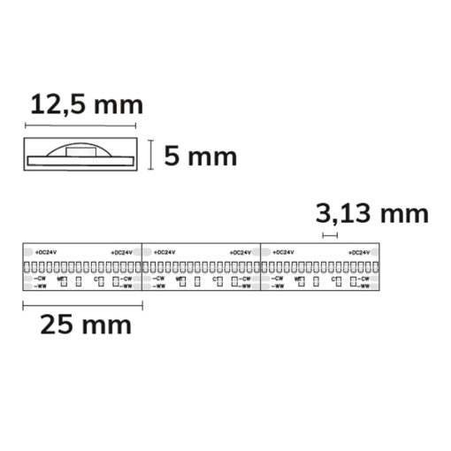 LED AQUA COB927/965 lineáris flexibilis szalag, 24V, 7W+7W, IP68, fehér dinamikus, 640 LED/m