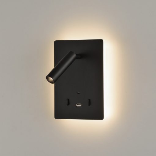 Manat Wall Lamp 16/3568 Textured Black, LED 12W 3000K 970lm + 3W 3000K 285lm, CRI90 CL.I, Two switches, With USB, USB-C, Adjustable