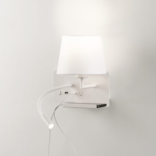 Hold Wall Lamp 16/3664 Textured White, White Shade, LED 3W 3000K 285lm + LED E27 15W, CRI90 CL.I, Two switches, With USB, USB-C, Adjustable