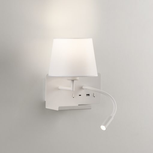 Hold Wall Lamp 16/3664 Textured White, White Shade, LED 3W 3000K 285lm + LED E27 15W, CRI90 CL.I, Two switches, With USB, USB-C, Adjustable