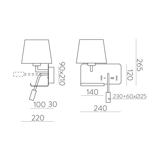 Hold Wall Lamp 16/3664 Textured White, White Shade, LED 3W 3000K 285lm + LED E27 15W, CRI90 CL.I, Two switches, With USB, USB-C, Adjustable