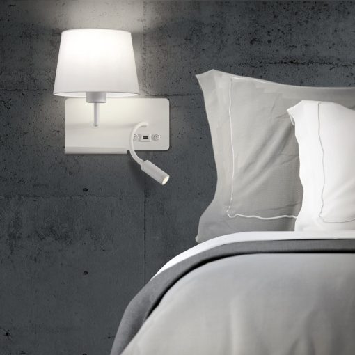Hold Wall Lamp 16/3664 Textured White, White Shade, LED 3W 3000K 285lm + LED E27 15W, CRI90 CL.I, Two switches, With USB, USB-C, Adjustable