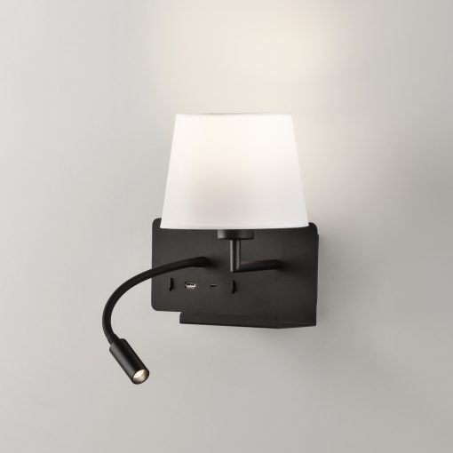 Hold Wall Lamp 16/3664 Textured Black, White Shade, LED 3W 3000K 285lm + LED E27 15W, CRI90 CL.I, Two switches, With USB, USB-C, Adjustable