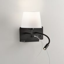 Hold Wall Lamp 16/3664 Textured Black, White Shade, LED 3W 3000K 285lm + LED E27 15W, CRI90 CL.I, Two switches, With USB, USB-C, Adjustable