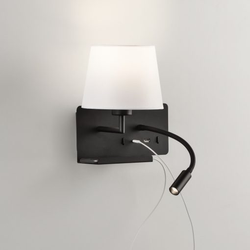 Hold Wall Lamp 16/3664 Textured Black, White Shade, LED 3W 3000K 285lm + LED E27 15W, CRI90 CL.I, Two switches, With USB, USB-C, Adjustable