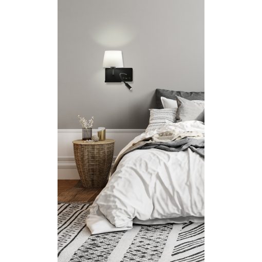 Hold Wall Lamp 16/3664 Textured Black, White Shade, LED 3W 3000K 285lm + LED E27 15W, CRI90 CL.I, Two switches, With USB, USB-C, Adjustable