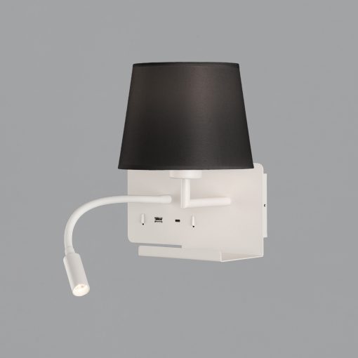 Hold Wall Lamp 16/3664 Textured White, Black Shade, LED 3W 3000K 285lm + LED E27 15W, CRI90 CL.I, Two switches, With USB, USB-C, Adjustable