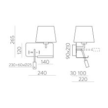 Hold Wall Lamp 16/3664 Textured White, Black Shade, LED 3W 3000K 285lm + LED E27 15W, CRI90 CL.I, Two switches, With USB, USB-C, Adjustable