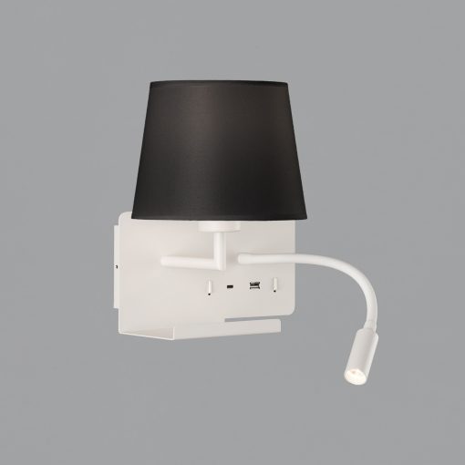 Hold Wall Lamp 16/3664 Textured White, Black Shade, LED 3W 3000K 285lm + LED E27 15W, CRI90 CL.I, Two switches, With USB, USB-C, Adjustable