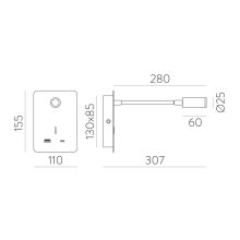 Senda Wall Lamp 16/3835 Textured White, LED 3W 3000K 285lm, CRI90 CL.I, With switch, With USB, USB-C, Adjustable