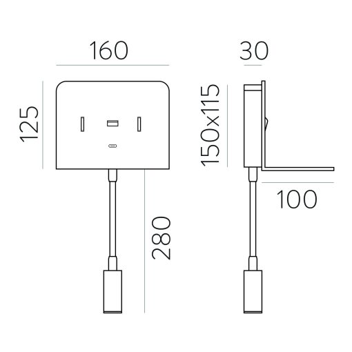 Calma Wall Lamp 16/3836 Textured Black, LED 6W 3000K 630lm + 3W 3000K 285lm, CRI90 CL.I, Two switches, With USB, USB-C, Adjustable