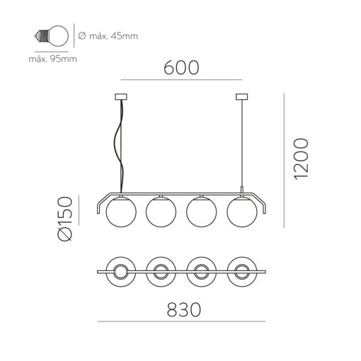 Maui Pendant lamp 8163/4L Opal/Black Matt, LED E27 4x15W, CL.I, (E27 max. Ø45 mm)