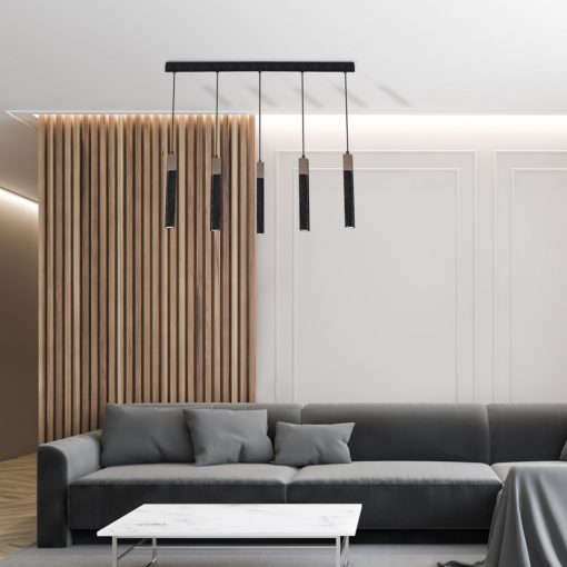 Pendant lamp SOLO SAWN BLACK / PATINATED WOOD 5x mini GU10