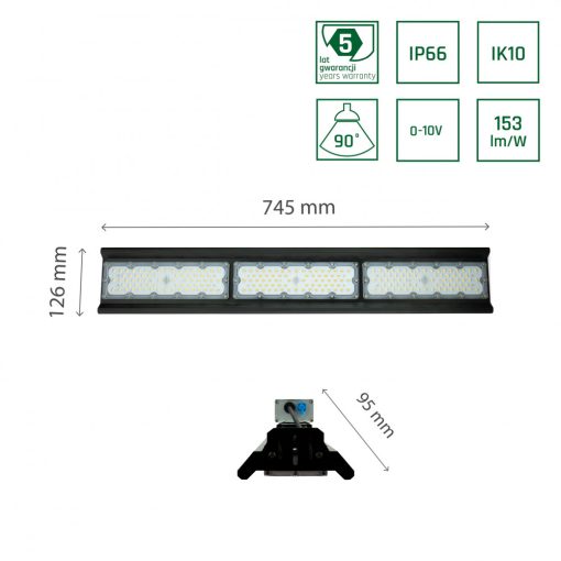 HALLS LINE 150W NW 230V 90fok IP66 IK10 745X126X95MM Fekete 5 év Garancia 0-10V