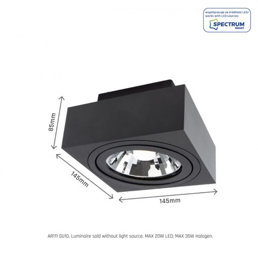 MIRORA AR111 Süllyesztett GU10 250V IP20 145X145X85MM Fekete Négyzet Szabályozott szem