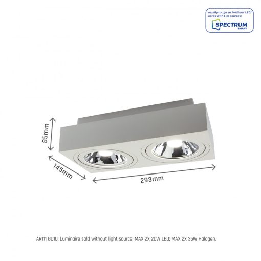 MIRORA AR111 X2 Süllyesztett GU10 250V IP20 293X145X85MM Fehér RECTANGLE Szabályozott szem