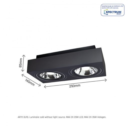 MIRORA AR111 X2 Süllyesztett GU10 250V IP20 293X145X85MM Fekete RECTANGLE Szabályozott szem
