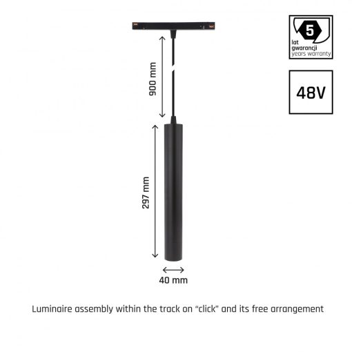 SYSTEM SHIFT - HANGIT Függesztett track lámpa 40x297 (935mm Kábel) 12W 25fok Fekete 5 év Garancia